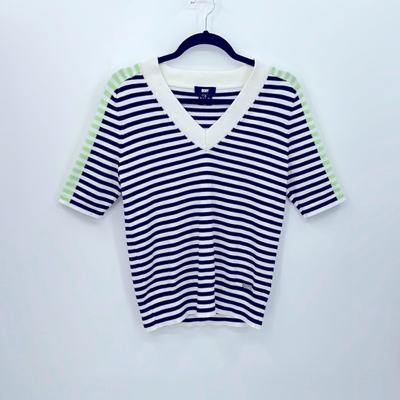 DKNY Stripe V-Neck Short Sleeve Sweater - Picture 3 of 5